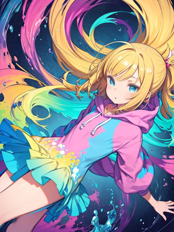 (Super detailed,Ultra-high resolution,Detailed Background),((2D)),((Flat Color)),((colorful)),(((Floating colorful Water))),1 girl,alone,Watch Viewer,break,Hair Color Blonde Dress Hoodie Character Neat