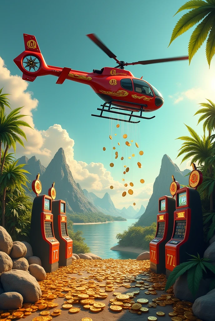 A HELICOPTER WITH THE LOGO "GG" , Flying in the sky, on an island full of gold coins money and marijuana , and 777 slot machines , money rain