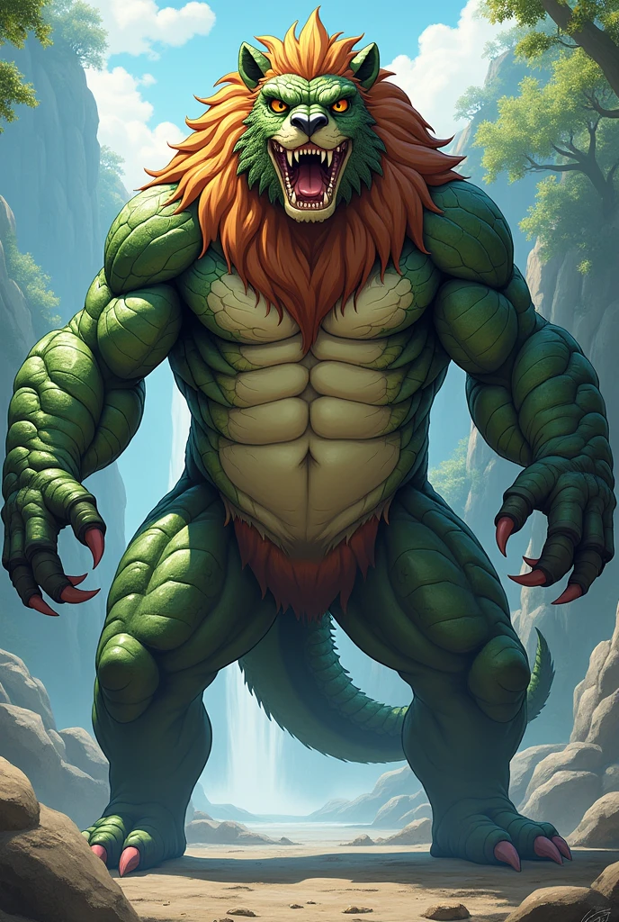 This majestic creature has the head of a crocodile, adorned with an imposing lion&#39;s mane, and a robust body that mixes the scaly texture of the crocodile with the powerful musculature of a bear.. He has four arms like a gorilla Anime style drawing  estilo anime japonés 

