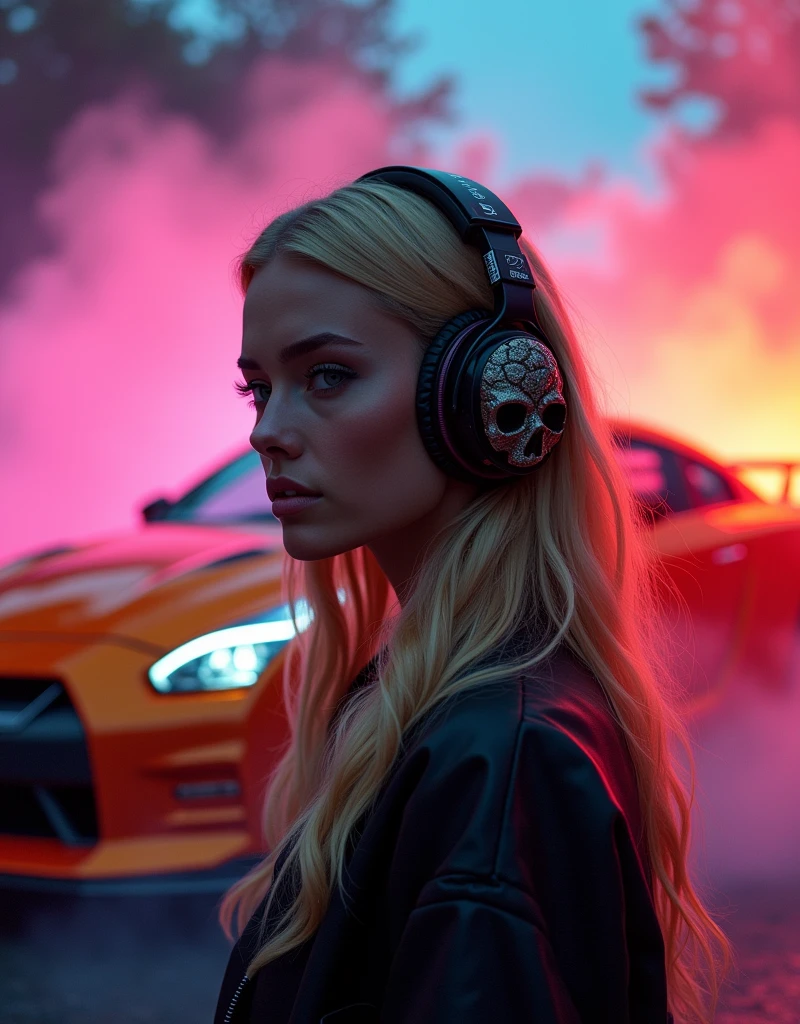 In the foreground is a beautiful young woman with long full body blond hair., wearing large stylish headphones. She looks confident and immersed in the music. There is a 2024 orange GTR Nismo in the background, shrouded in colorful smoke, creating a vibrant and dynamic atmosphere Main object: Beautiful young woman in sunglasses with blond full long hair. stylish headphones that have a skull on them. the background colorful neon lit smoke, surrounding the car. Style and mood: Modern and dynamic style. Neon and rich colors for smoke. An atmosphere of energy and movement. Technical specifications: a high resolution. Realistic or semi-realistic stylization. Well-detailed details of headphones and car. Dramatic lighting to create striking contrasts and highlight key elements