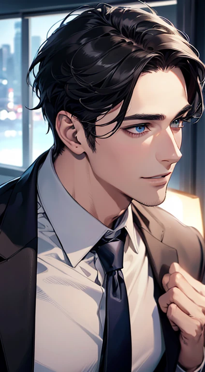 (Highest quality,4K,8K,High resolution,masterpiece:1.2),Super detailed,(Realistic,photoRealistic,photo-Realistic:1.37),1 person,31 years old,Mature Man,Beautiful skin、Profile、very handsome,Expressionless,smile,Short gray black hair,blue eyes,Sharp Eyes,A perfect face without a doubt,Businessman,Office Background,Cinema Lighting,HDR image,tie、