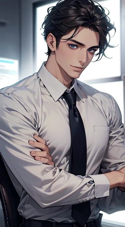 (Highest quality,4K,8K,High resolution,masterpiece:1.2),Super detailed,(Realistic,photoRealistic,photo-Realistic:1.37),1 person,31 years old,Mature Man,Beautiful skin、Profile、very handsome,Expressionless,smile,Short gray black hair,blue eyes,Sharp Eyes,A perfect face without a doubt,Businessman,Office Background,Cinema Lighting,HDR image,tie、