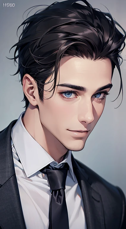 (Highest quality,4K,8K,High resolution,masterpiece:1.2),Super detailed,(Realistic,photoRealistic,photo-Realistic:1.37),1 person,31 years old,Mature Man,Beautiful skin、Profile、very handsome,Expressionless,smile,Short gray black hair,blue eyes,Sharp Eyes,A perfect face without a doubt,Businessman,Office Background,Cinema Lighting,HDR image,tie、
