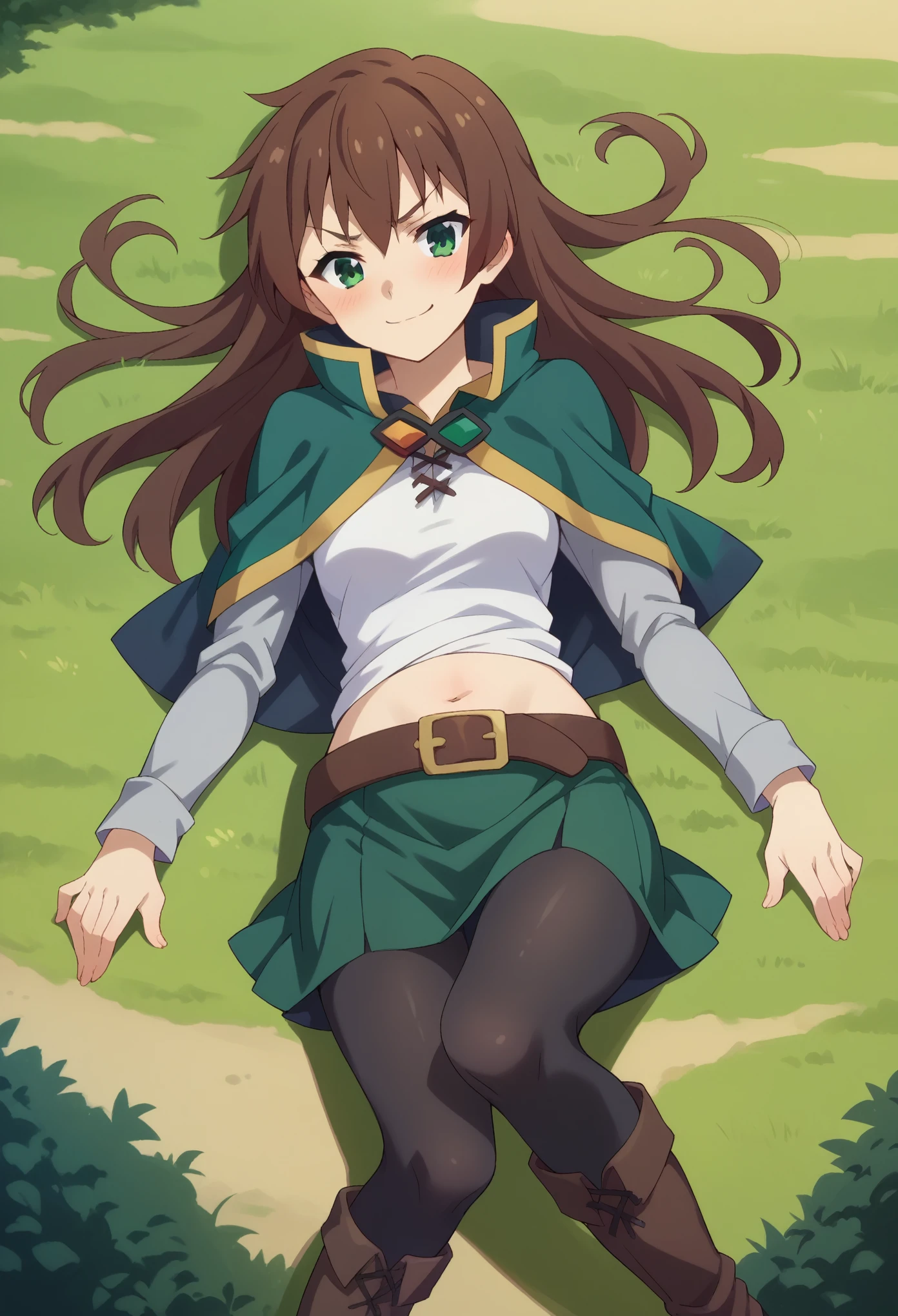 score_9, score_8_up, score_7_up, 1girl, solo, (female:1.5), female focus, female body, kazuma satou, long hair, brown hair, green eyes,shirt, long sleeves, white shirt, belt, green skirt, short skirt, black pantyhoses, navel, capelet, brown belt, lying on back, long boots, perverted face, smirk, blushing, looking at you, landscape, centered image, from above