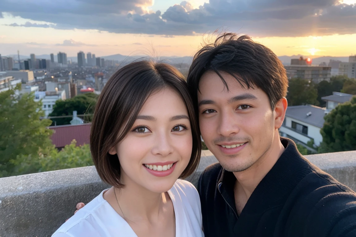 ((Highest quality、8k、masterpiece:1.3))、 (Genuineistic, Genuine、Bright image、Intricate details:1.2), 最高のsmile 男性1人 女性1人、Beautiful Couple、spouse、Couple、spouse、actress、モデルCouple、smile、full-course dinner、 (Slim face), (the body is slim), (Brown Hair), (short hair), Please shine a light on my face、 Amazing view of the sunset sky and clouds、 (42 years old), 39 years old, red wine ,Yukata Date
