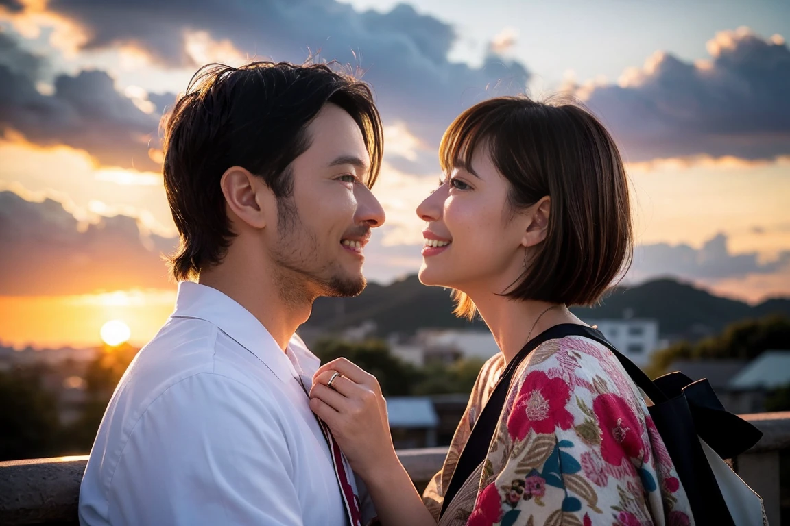 ((Highest quality、8k、masterpiece:1.3))、 (Genuineistic, Genuine、Bright image、Intricate details:1.2), 最高のsmile 男性1人 女性1人、Beautiful Couple、spouse、Couple、spouse、actress、モデルCouple、smile、full-course dinner、 (Slim face), (the body is slim), (Brown Hair), (short hair), Please shine a light on my face、 Amazing view of the sunset sky and clouds、 (42 years old), 39 years old, red wine ,Yukata Date