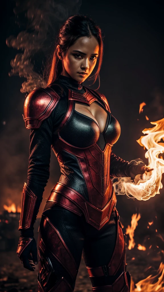 Pockemon 35mm lens, photography, ultra-detailed, HDR, UHD, 8K, portraits, dark atmosphere, menacing expression, big boobs, glowing red eyes, intricate armor, smoke effects, dynamic pose, ruined cityscape, dramatic lighting, intense shadows, vibrant colors,