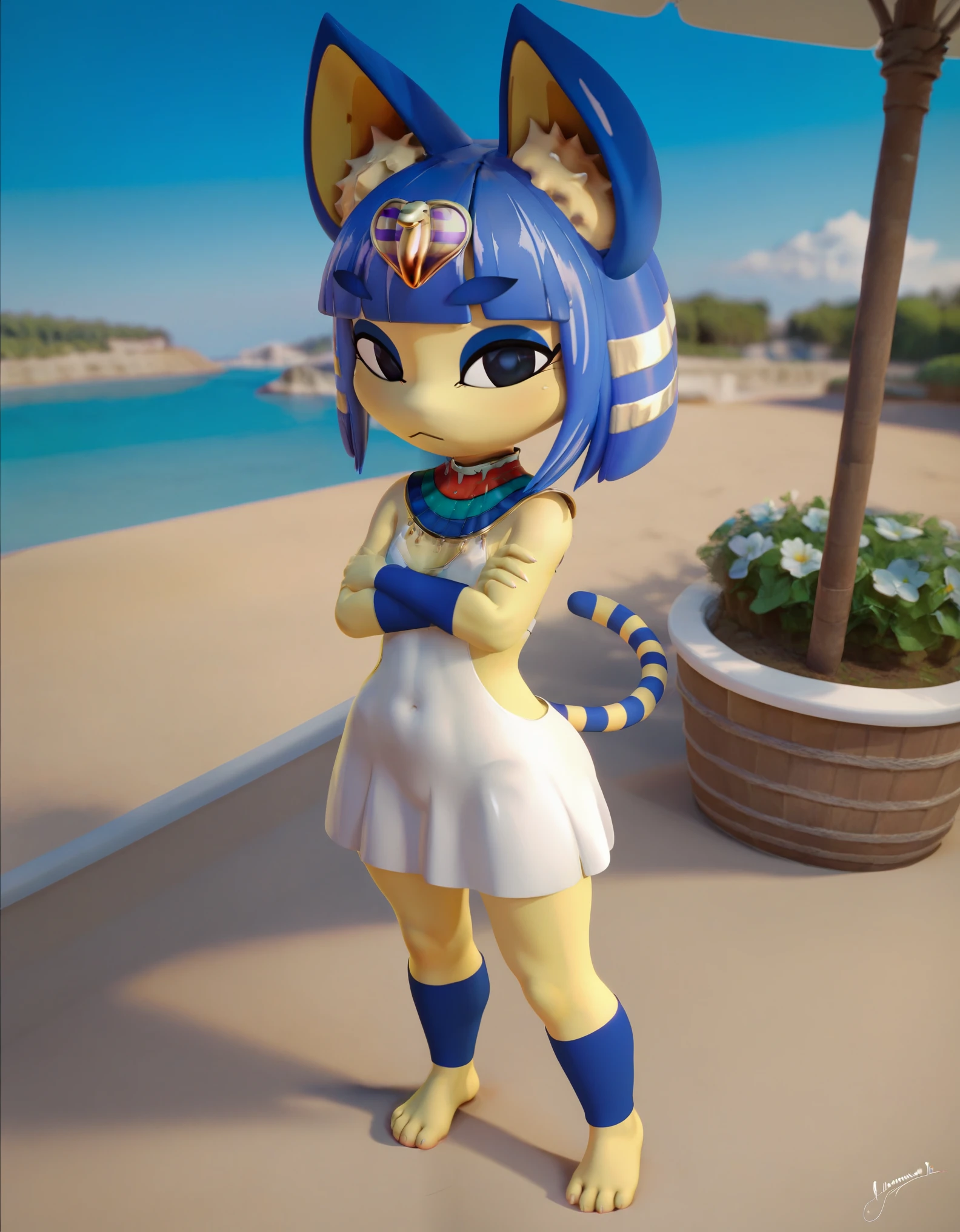 score_9, score_8_up, score_7_up,  BREAK ankha \(animal crossing\), 3d, 1girl, outdoors, yellow fur, furry, two-tone fur, blue hair, furry female, animal ears, tail, white dress, arms crossed, anthro, felid, feline, body fur, short hair, hair ornament, cat ears, animal feet, felis, domestic cat, blue fur, feet, snake hair ornament, Egypt, day, barefoot, cat tail, cat girl, sky, blunt bangs, blue eyeshadow, egyptian, hair, blue sky, looking at viewer, toes, closed mouth, outside, animal nose, flat chest, white fur, fur, stomach, black eyes, bob cut, from above