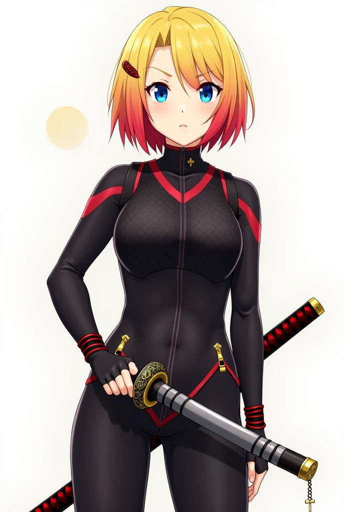 Full Body Portrait:
Hair: Short, shoulder-length hair with a gradient from bright yellow at the roots to red at the tips. Styled modernly with bangs slightly falling over the forehead.
Eyes: Deep blue, varying in brightness with emotional state. The eyes are serious and determined, reflecting inner strength.
Clothing: Hikari is dressed in a tight black ninja jacket with red details. The jacket features shoulder straps and a mesh fabric area on the chest for protection and flexibility. It has golden edge decorations. She wears black fingerless gloves on her hands and a band with her clan's symbol on her left arm. The outfit is designed for combat and mobility, making her look like a true ninja.
Accessories: A small spiral-shaped hairpin in red and black tones, securing part of her hair to the side.
Katana: Hikari holds only one katana, a long, sharp blade with a black handle wrapped in red details and a gold-engraved guard. The katana features a dial with 12 functions, and at position 11, it has a special symbol. The blade can shrink to approximately 8 cm when the dial is set to position 0. The katana is held firmly, showing her readiness for combat.
Pose: Standing upright with a serious expression, holding the single katana in a confident and poised manner.