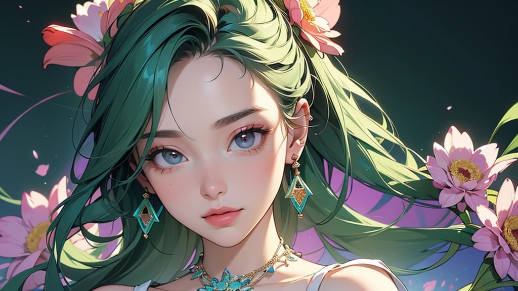 32K, 最高quality, 最高masterpiece, (ultra-Detailed Background, Detailed Background), High resolution, Super detailed, Very detailedな, One girl, (bouquet:1.3), (Tangled:1.2), (Geometric:1.2),(colorful),(masterpiece, quality, best quality, Official Art, Beautiful and beautiful:1.2), (1 girl:1.3), Very detailed,(colorful:1.1)(Flowers:1.3),Most detailed,(Tangled:1.2), whole body, (Abstract background:1.3), (Skin glows), (Many colors:1.4), ,(Earrings Jewelry:1.5), Light green background,