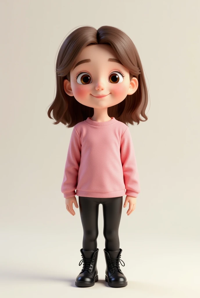 3D image of a 5 year old child full body. Wearing a pink blouse and black pants, she has light brown hair and eyes., small nose and white skin. Straight side-swept hair, medium length, loose and with bangs. Slanted eyes and smiling. Slightly arched eyebrow. black boot