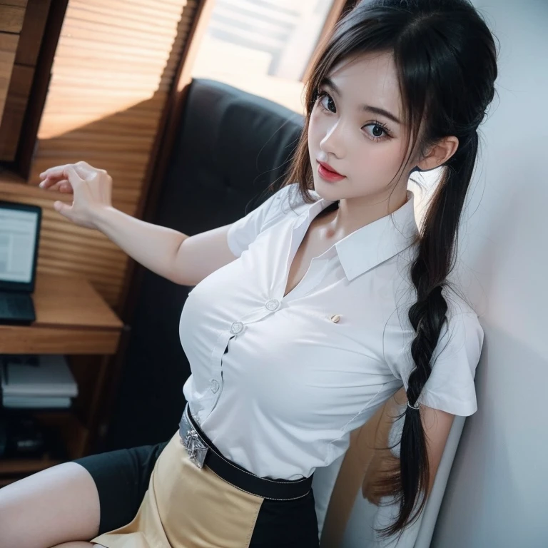 Pretty thai woman Reaching out hand to grab a glass of water , (8k, best quality, masterpiece, ultra highres:1.2) Photo of Pretty thai woman beautiful, beautiful enchanting fashion contemporary painting with , (1girl), (white shirt short sleeves), ((black pencil skirt)), belt , , blonde hair, , realistic skin texture , round chin, 85 mm art lens, f 1. 2, sharp focus, 8 k high definition, insanely detailed, intricate, elegant, large breasts, big breasts , black skirt , twin tails hair