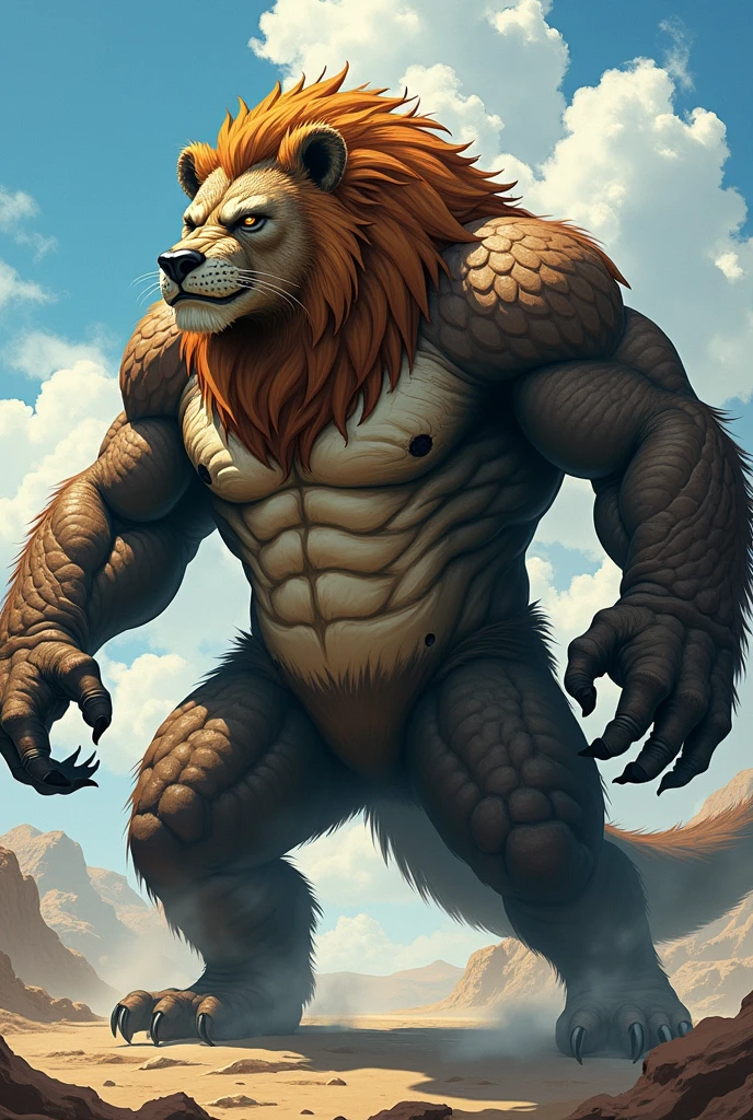 This majestic creature has the head of a crocodile, adorned with an imposing lion&#39;s mane, and a robust body that mixes the scaly texture of the crocodile with the powerful musculature of a bear.. He has four arms like a gorilla Anime style drawing 

