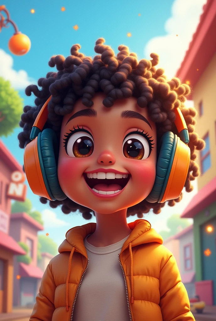 A 6 to 7 year old girl with short curly hair in a Game style with headphones on, very happy
