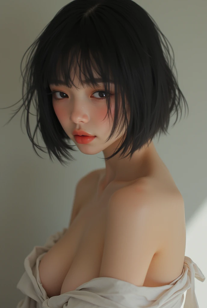 a girl of 22 years old, white skin, black hair with butterfly cut, without clothes, showing her chest,