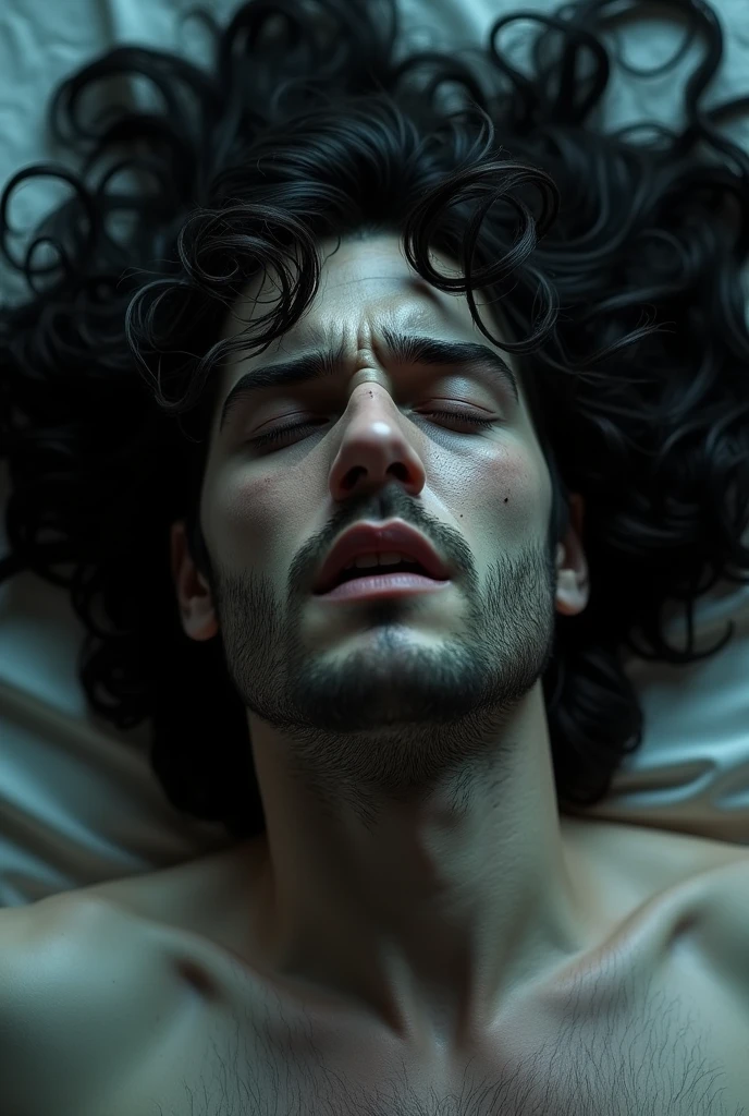 white man dying. medium voluminous wavy black hair 