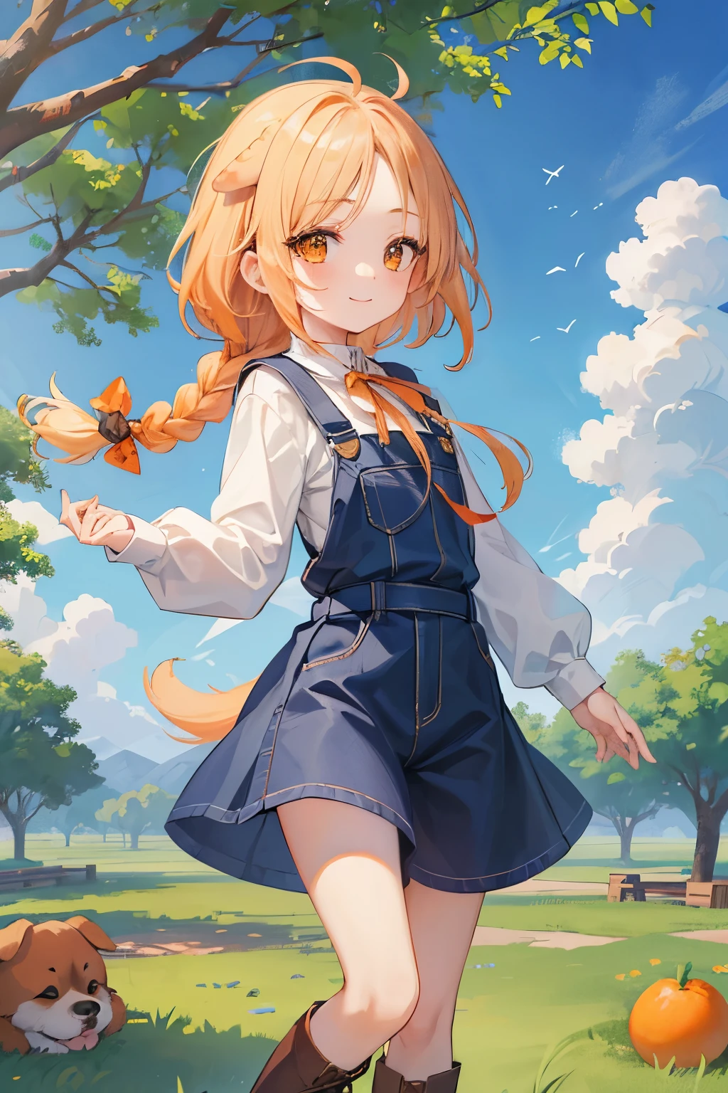 (top-quality), (​masterpiece)、(ultla detailed)、(A beautiful girl and a dog:1.3)、cute little、Split Girl、pale orange hairs、A smile、(11 year old:1.3)、Medium chest、(Orange orchard background:1.2)、Floating hair、Brown-eyed、(long twin braid:1.3)、(Forehead:1.2)、Ribbon at the end of the hair、(Silver Boots)、(Long sleeves)、pale blue overalls、heavy wind、blue open sky、plein air、Date Trim、strong breeze、Large basket of oranges