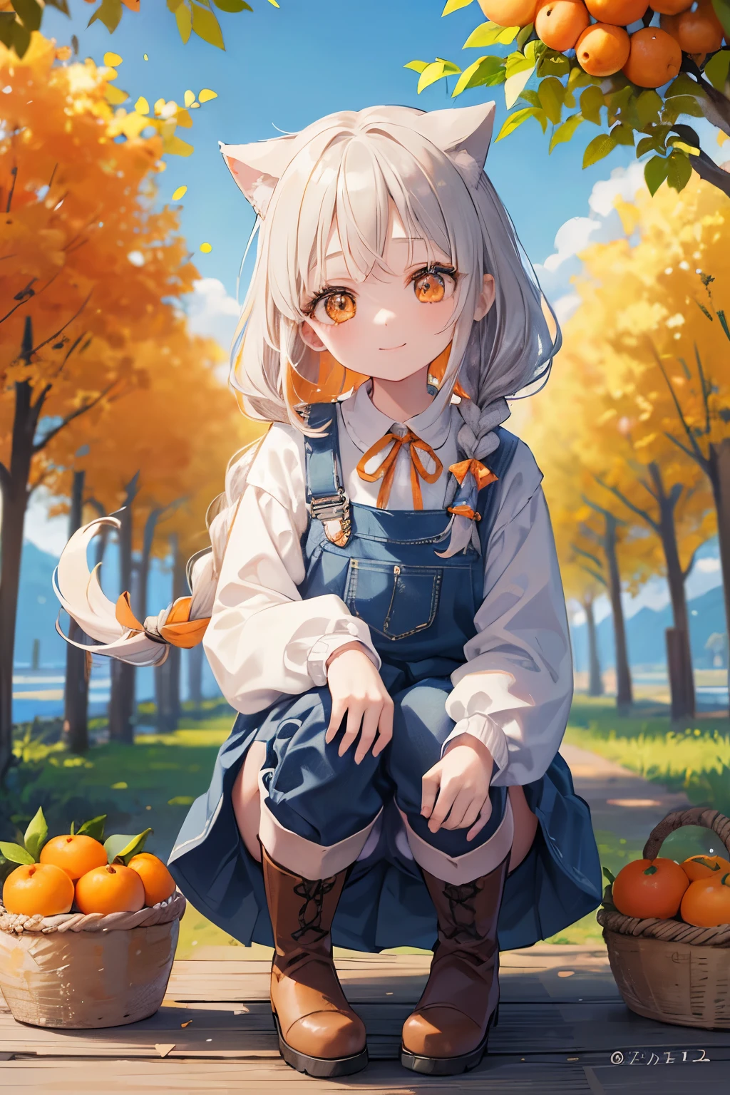 (top-quality), (masterpiece)、(ultla detailed)、(A beautiful girl and a dog:1.3)、cute little、Split Girl、pale orange hairs、A smile、(11 year old:1.3)、Medium chest、(Orange orchard background:1.2)、Floating hair、Brown-eyed、(long twin braid:1.3)、(Forehead:1.2)、Ribbon at the end of the hair、(Silver Boots)、(Long sleeves)、pale blue overalls、heavy wind、blue open sky、plein air、Date Trim、strong breeze、Large basket of oranges