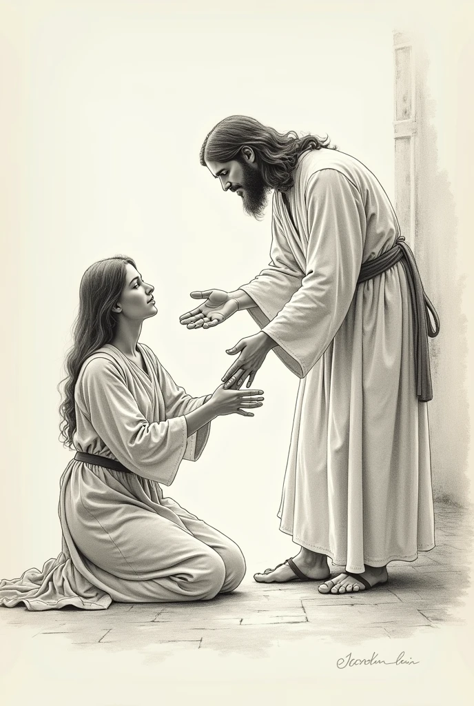 Give me an image of Jesus Christ praying over a person with the laying on of hands in the form of a drawing 