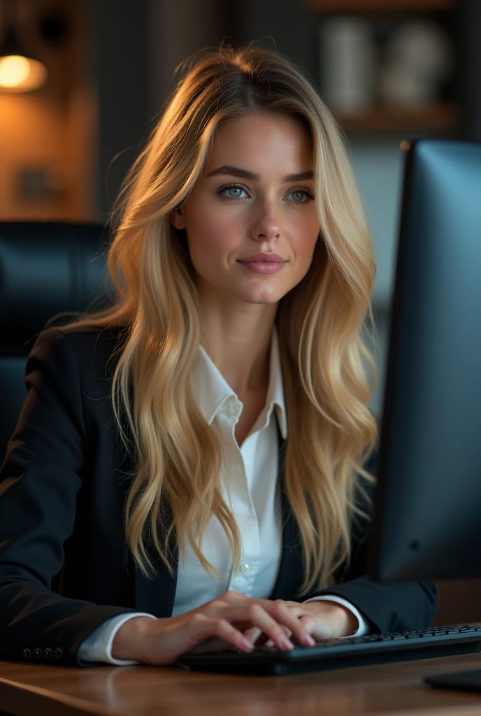 a pretty one with long blonde hair, detailedeyes, nase, and lips, wearing professional clothing, sitting in his office, using your computer, HP computer (best qualityer,4K,8k,high resolution,work of art:1.2),ultra detali,(realisitic,photorealisitic,photo-realisitic:1.37),HDR,studio lighting,extremely detailed face and body, portraite,cinematic lighting,dramatic lighting,warm color tones,dramatic colors