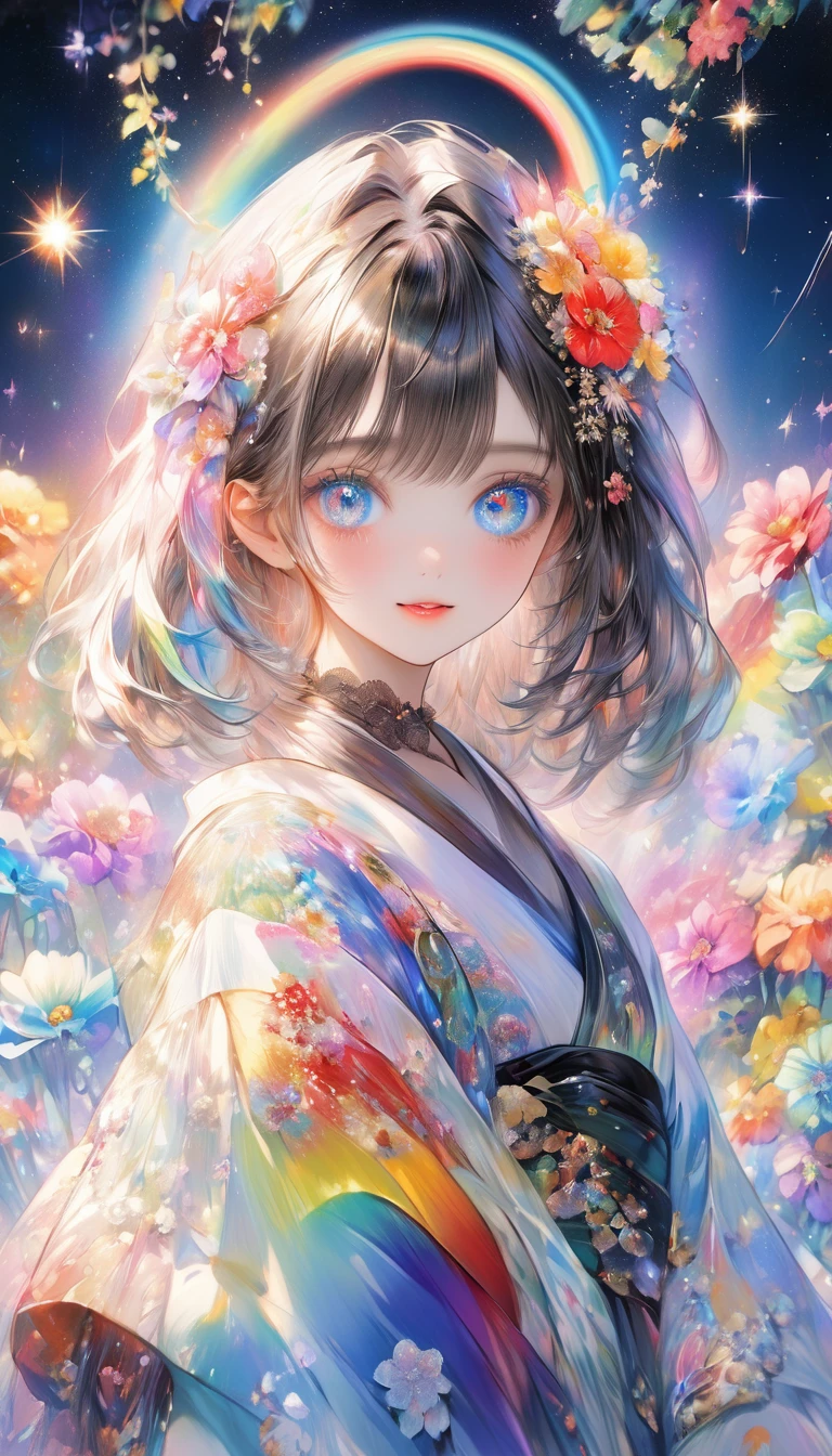 (((masterpiece))), (((Highest quality))),((Ultra-detailed)), A fusion of watercolor and oil painting, Psychedelic world, Watercolor splash,Very colorful tones, Commemorative photo, Japanese Kimono,cute, beautiful girl, ta, 15-ycute girl, (Look forward), (Looking at this), (Very delicate and beautiful face), (Beautiful eyes in every detail), ((((Heterochromia Iridum - Red and Blue Eye Color)))),Through the bangs, Black Hair,Bob, Beautiful attention to detail, Beautiful lip detail, Highly detailed face, Attractive eyes, Long eyelashes, smile, Open your mouth a little, Cat ear, 髪の色と同じ色のCat ear,One Girl, ((The most beautiful girl of all time))),Digital Art, pastel colour, ((Use the rainbow as your main color)),Vibrant colors,fantasy art pieces,dream-like,Mythical fantasy with rainbow accents,Fairytale Fantasy,(((Colorful flowers))), (((Translucent rainbow))),Rainbow gradient,Subtle iridescent details,Gives off an aura of magic,Character clothing should be designed in kimono, Heavenly, Exquisite detail,Heavenly, Flowers,((Upper body close-up)),Soft lighting, Cinematic, romantic, baby doll、Framing above the chest, Colorful gel background, Fractal Floral Background, Sparkling, Sparkling, Small faint lights and flying fireflies, shooting star,crystal,Lolita, Perfect ligh, Sharp focus, High resolution, High resolution,High color rendering, High resolution
