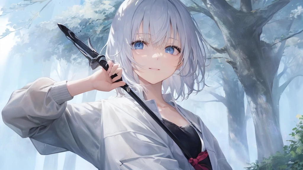 Ultra HD,Look at the viewers, Place your hands behind your back, With a girl, 20-year-old, 非常にshort hair, Long bangs between the eyes, Pale blue eyes, Very detailed,(masterpiece、Highest quality),Gray Hair、Laughter、wonderful, Silver Hair, iris, short hair、 Fluttering Hair、Small face、明るいsmile、(Detailed face) ,Professional Lighting,wonderful風景,blue sky, sunlight,Looking down from above,Portraiture、Open your mouth、Flower Field、Her eyes were shining、Mysterious and enchanting atmosphere。With AI Painting、とてもshort hair, Long bangs between the eyes, Very detailed,(masterpiece、Highest quality)、alone、Gray Hair、Fantasy, Silver Hair, Fantasyな風景、smile、Open your mouth、short hair、short hair、hairpin、black eye、Grey Eyes、Beautiful Eyes、Black Shirt、White hoodie、Hold the sword