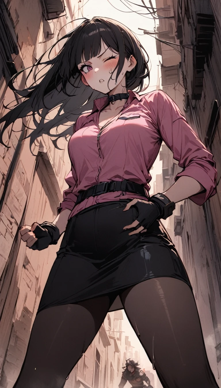 {{hold down one's stomach with one's hands:1.6}},Dynamic composition,dutch angle,from below,from side,solo,170cm tall female, theatrical animation style{{Black pantyhose:1.2}}, Power Rangers pre-transformation heroine,{{Futuristic zip-up police shirts with collar}}, Long-sleeved shirt with rolled-up arms{{Pink-based shirt:1.6}},pink shirt,BLACK PENCIL SKIRT, BLACK SKIRT,,{{small face:1.8}},{{Grit your teeth:1.4}},{{fighting stance:1.6}}{{fight:1.6}},{{standing on one knee:1.6}},{{knee up:1.6}},{{masterpiece}}, {{{Highest quality}}},{{Very detailed}},{{Pain ,Suffering}},one eye closed,{{critical situation:1.6}},{}},1girl,30years old,{Mature Woman}},{{}},{{Grit your teeth:1.4}},,{{v-shaped eyebrows}},Bad mood,blush,Sweat,raise one's eyebrows、black fingerless gloves,Bad mood,profound,Beautiful thighs,clavicle、chest holster,BLACK Long Hair,Blunt bangs,Alley,Black Choker,belt