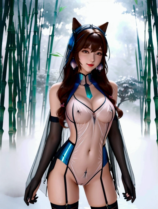 A female model, (Race:Chinese),((night, bamboo forest, moonlight, Thick fog)), (8K Ultra HD, 8K, Ultra-high resolution, best quality, masterpiece, Surrealism, Digital SLR Camera, Soft Light, Bokeh, Masterpieces), ((((Beautiful model-like face))), (Creating the image of a real girl), warm light, Realistic shadows, Dynamic poses, Elegant Posture, Cowboy lens, Full body front view, Be confident, Body facing the camera, Standing facing the camera, Open your legs slightly, Golden Ratio Graphics, Minimalism), (Happy smile, Big watery eyes, Cherry Blossom, Balanced Eyes, Perfect beautiful face, Normal facial features, Realistic skin, Attention to skin details, Skin is clean and radiant, Whitening, 沙漏型figure, figure, cosmetic, Gloves, earrings, bracelet, necklace, Jewelry, veil, Hair accessories, Headdress, shawl), ((beautiful hair), Reddish-brown hair, Wavy curly hairstyle, Waist-length hair, Messy Hairstyle, Gradient hairstyles, Cyberpunk hairstyle), ((Transparent clothes:1.5), (The color of the clothes: Blue base with pink edges), Transparent Clothes, See-through clothes, Transparent Clothes, Tulle clothes, Mesh clothes, Transparent sci-fi clothes, Shiny micro bikini bra, (Clothes that accentuate your bust shape)), (Sexy的, Perfect breast shape, Teardrop chest shape, Snow-white breasts, very detailed breasts, 36C cups), (Super high waist, Deep V, Low-cut, Sexy, Flattering, Open crotch, (Camel toe, High fork strangulation)), (sock, Knee socks, 吊garter, Leg ring, garter, 腿部garter), (style:Sexy,cute), (Wet body:1.0) , (Wet clothes:1.0)