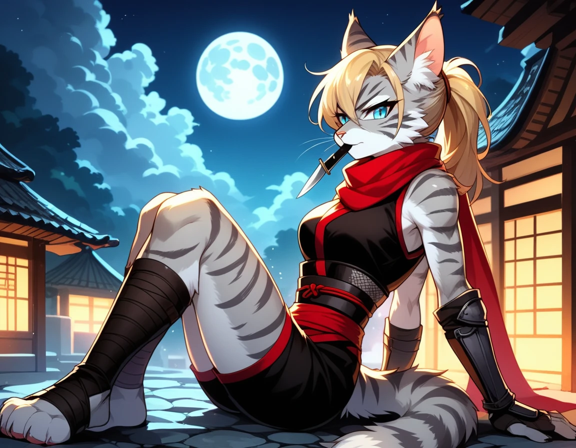 score_9,score_8_up,score_7_up, score_6_up, score_5_up, source_anime, kemono style, Kat, female Anthro furry feline, silver fur, grey stripes on body, blue eyes, long blonde hair, undercut hair, one side of hair shaved, wearing red ninja scarf, scarf_over_mouth, red scarf over mouth, black shinkbis tunic, black cloth shorts, feet paws four toes, feet and legs wrapped in bandages, shinobi ninja gauntlets, mouth covered, placing her scarf over her mouth, side view, holding a kunai knife, nighttime, on top of a building, full moon, on a cliffside, serious face, 