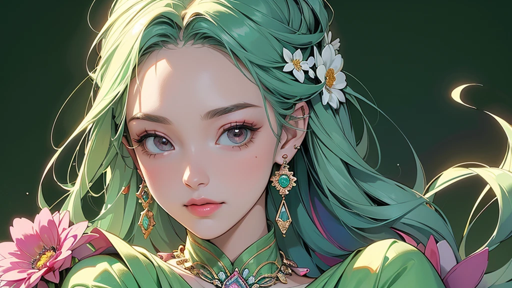 32K, 最高quality, 最高masterpiece, (ultra-Detailed Background, Detailed Background), High resolution, Super detailed, Very detailedな, One girl, (bouquet:1.3), (Tangled:1.2), (Geometric:1.2),(colorful),(masterpiece, quality, best quality, Official Art, Beautiful and beautiful:1.2), (1 girl:1.3), Very detailed,(colorful:1.1)(Flowers:1.3),Most detailed,(Tangled:1.2), whole body, (Abstract background:1.3), (Skin glows), (Many colors:1.4), ,(Earrings Jewelry:1.5), Light green background,