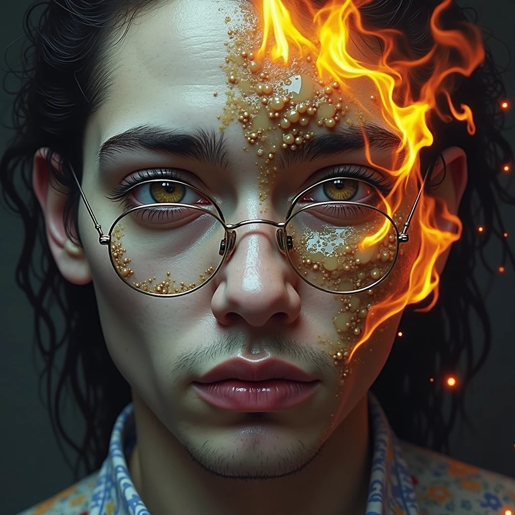 a portly, white-bearded man, spectacles,wear indigo torn pajamas , creates and destroys hands, one eye shedding tears of beauty and light, the other crying flames that incinerate and consume, representing the dual forces of creation and destruction. Settings: Ultra-detailed , realistic photography concept art, dynamic movement pose ,hug a chubby corgi