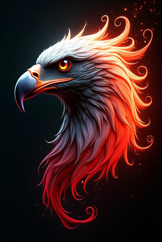 A stunning digital art piece, capturing the essence of a majestic eagle head adorned with swirling patterns of vibrant colors. And name " Heiker" The eagle's head is painted in a mesmerizing blend of neon red, orange, white, and black, creating an otherworldly and captivating effect. The fluid motions of the paint resemble liquid, as if the eagle's head is made of flowing water. The background is a deep, dark black, which starkly contrasts with the vivid hues of the paint and emphasizes the curvature of the figure. The eagle's feathers seem to twist and move in the wind, further highlighting the fluidity and life of the artwork.
