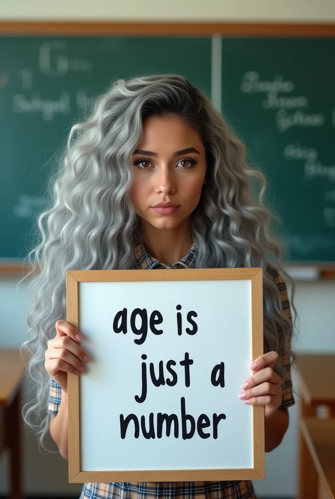 A beautiful youthful looking Hispanic version of a gray haired Ariana Grande as a 50 years old woma n with long her completely gray hair in a big curls styles as a high school student wearing a high school uniform in a high school classroom holding a white board with text " age is just a number" and showing it to the viewer