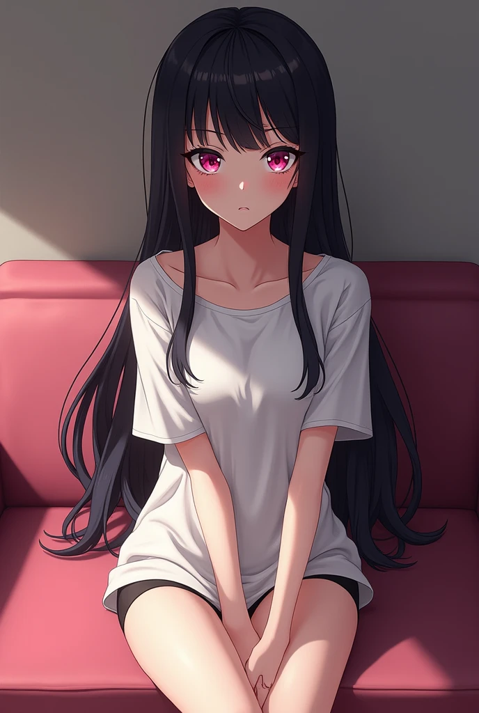 A 16 year old girl, in the anime style of the Seinen Genre.
Her Appearance: she has long dark hair with bangs,Serene and seductive eyes in Shocking Pink,Light skin color and she has a mole below her left eye.
She is wearing only a loose white T-shirt., a pair of black socks and black panties.
She is on top of a sofa in a stoic position..
The expression on her face is very mischievous..