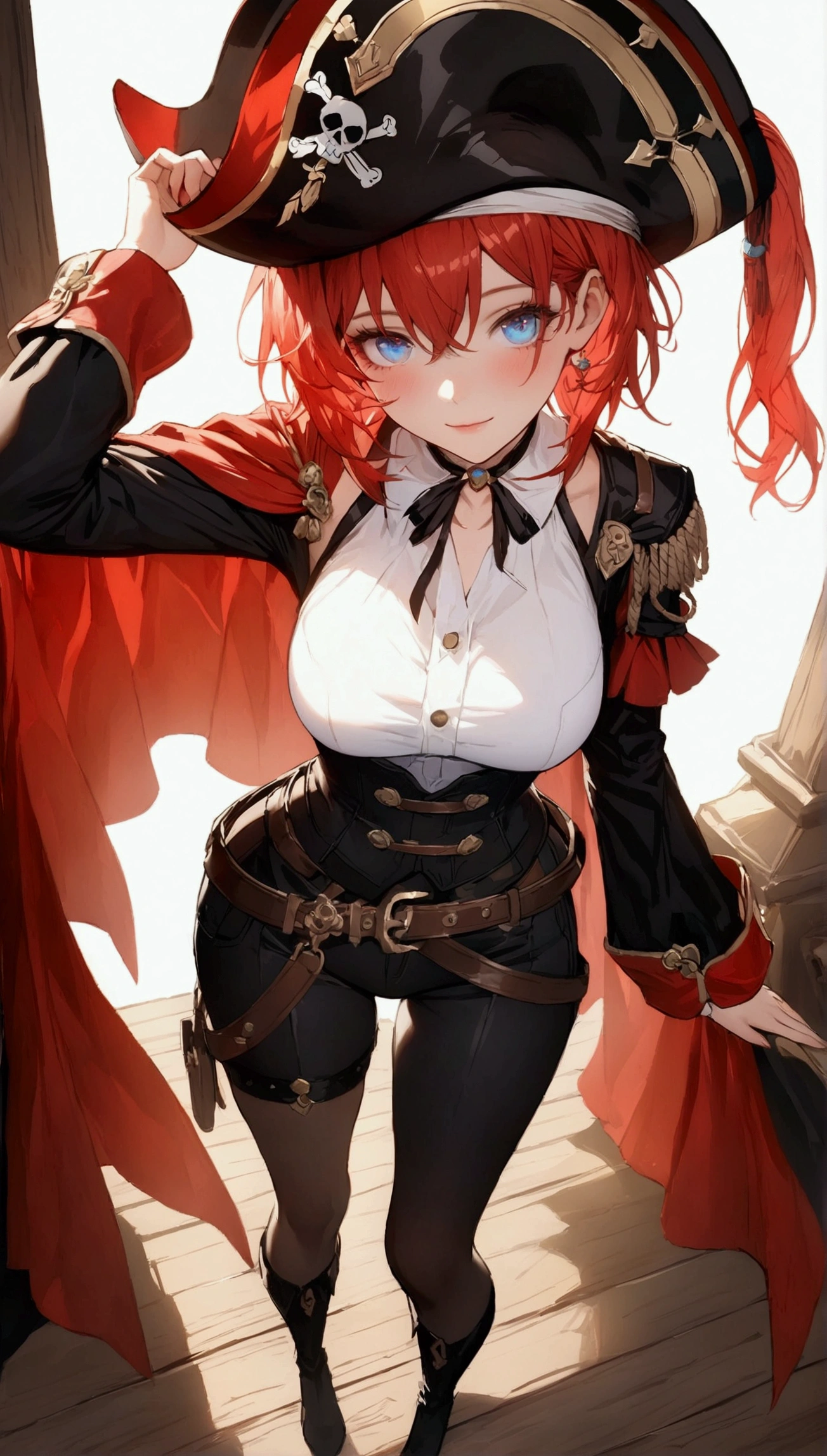 (Masterpiece. The best quality. 8K. Sharp focus. Depth of field, The best shadows. Perfect lighting. HDR. Realistic skin texture. Ultra-detailed background. Detailing). Anime style. Honkai: Star Rail. March 7. 1 girl. Fiery red hair, short hair. Azure blue eyes, beautiful eyes, beautiful eyes, expressive eyes. Beautiful nose, perfect facial features. Perfect anatomical body, slender figure, second size breasts, beautiful breasts, thin waist, rounded hips, beautiful long legs. Pirate hat, white blouse, pirate pants, Uniform cloak, shoulder straps with the Jolly Roger, knee-high boots, wide belt at the waist. Saber in the right hand. Muskets in the left hand. Gambling smile. Feet shoulder-width apart. Standing on the deck. Standing at full height. Concept art. Looking at the viewer. At full height. Full body.