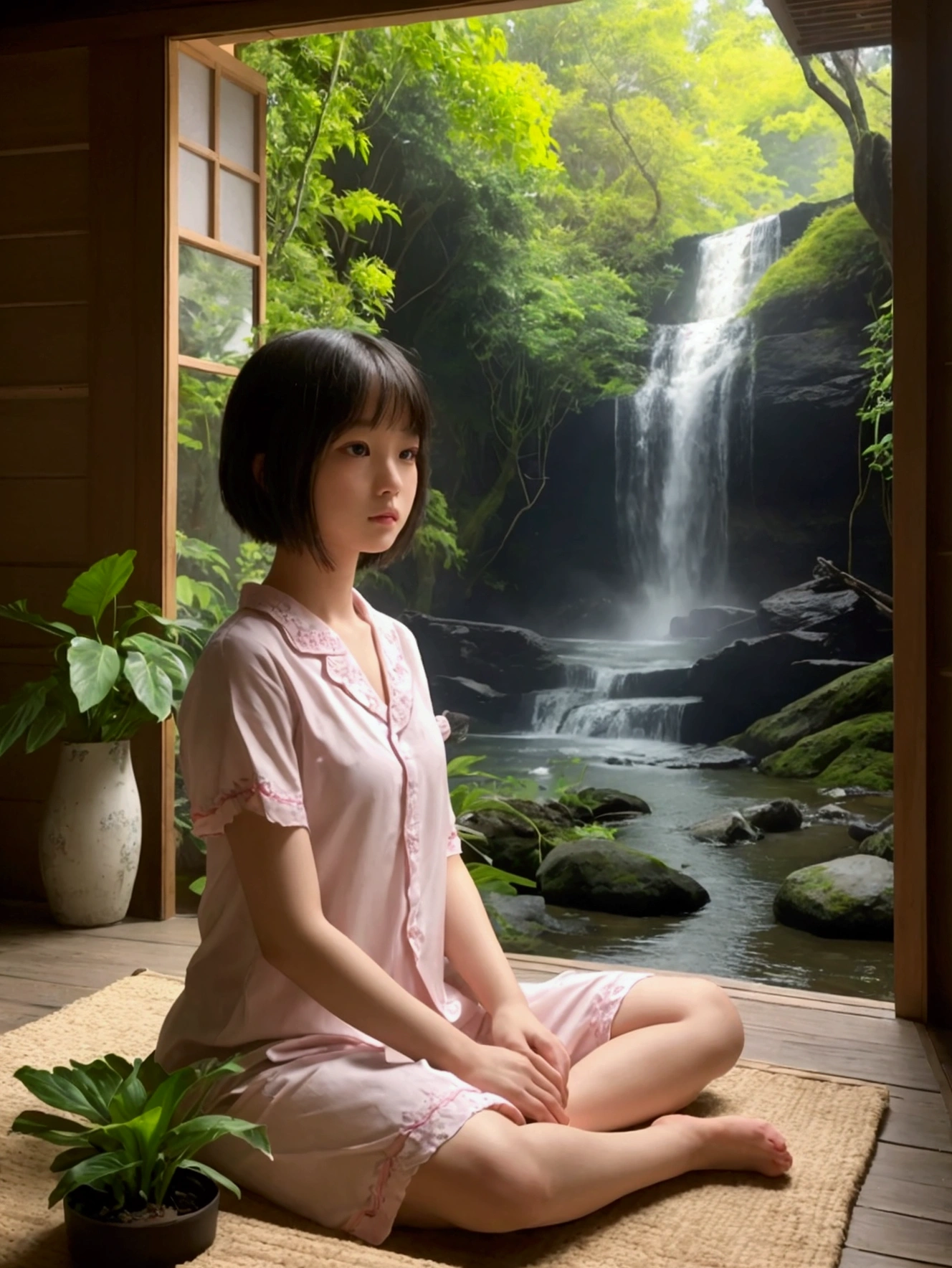 In a wooden room with elements of traditional Japanese architecture、sitting cross-legged on a large, round, soft cushion、Highly detailed digital illustration of a young girl with short pink bob hair and bright pink eyes。The girl was wearing black and blue frilly short-sleeved pajamas.、Has a calm, neutral expression。The room is、It opens up to a magnificent view of a magnificent waterfall cascading down, surrounded by lush greenery.、The sunlight pours in, creating a tranquil atmosphere.。Small potted plants are placed symmetrically on either side of the girl.、It emphasizes the natural and calm atmosphere of the scene.。The lighting is soft、Natural light comes in through the open door、Softly illuminating the girl、It casts subtle shadows that highlight the texture of the clothes and the wooden elements of the room.。The viewpoint is slightly below the front、Focusing on the girl、It captures the waterfall and green landscape in the background.。The overall atmosphere is peaceful and meditative.、Character costume details、Hair Texture、Great attention to detail in the natural elements of the background。