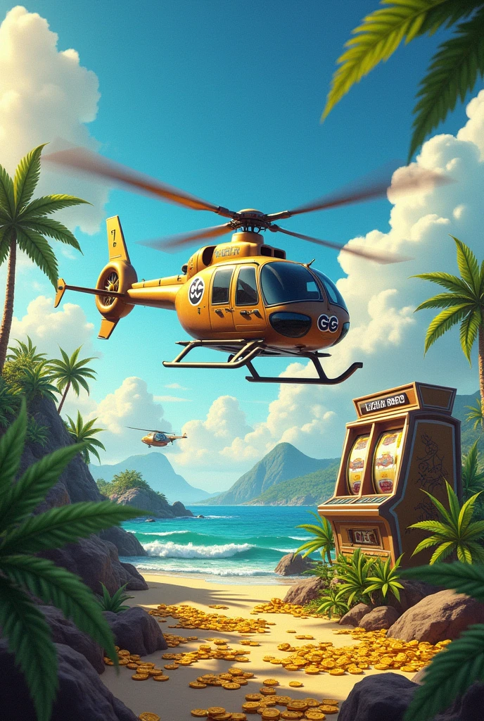 A HELICOPTER WITH THE GG LOGO
, Flying in the sky, on an island full of gold coins money and marijuana , and 777 slot machines , money rain