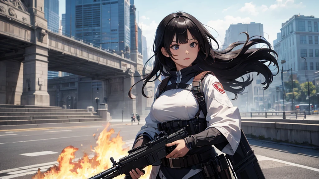 Ultra detailed, 4K, HD, FHD, Fantasy, detiled face, dynasty, anime girl, black hair, long hair, gun, riot Shield, dinasty outfit.