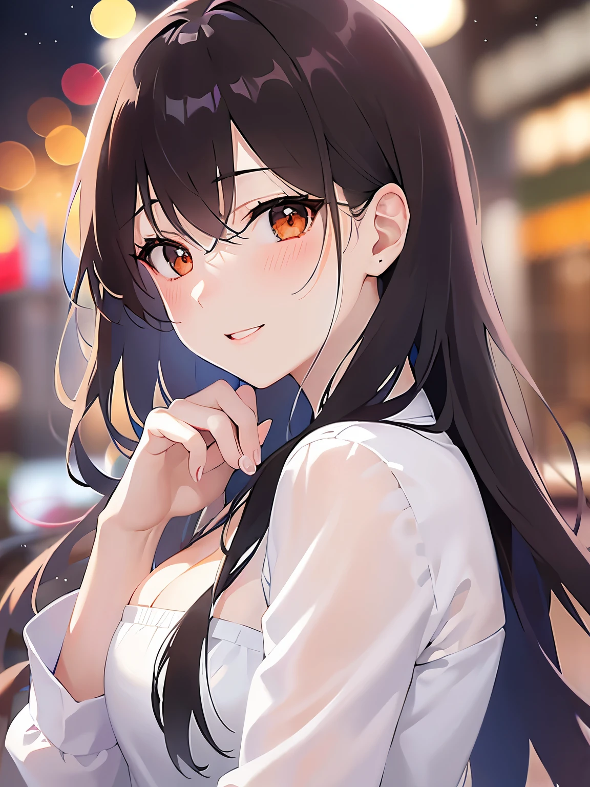 cleavage、hand on own chin、Close-up of your face、side angle, (pale skin: 1.2), shiny skin, shiny hair、(A 25-year-old woman with medium-length hair and bangs) and (wavy hair) and (brown hair) and (orange eyes) and (half closed eyes), white collared shirt, smile, (blush:1.3), The background is a shopping street at night、Alone、Are standing