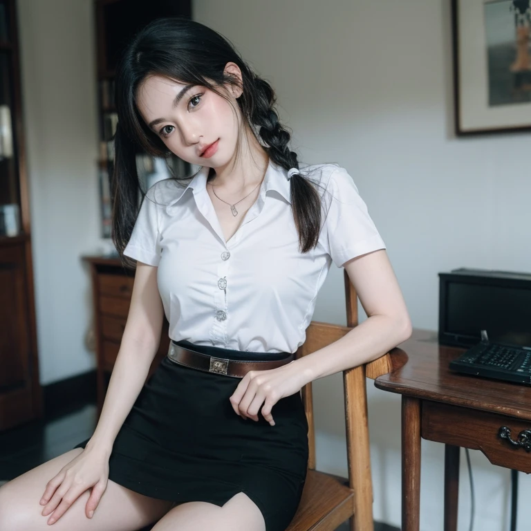 Pretty thai woman Reaching out hand to grab a glass of water , (8k, best quality, masterpiece, ultra highres:1.2) Photo of Pretty thai woman beautiful, beautiful enchanting fashion contemporary painting with , (1girl), (white shirt short sleeves), ((black pencil skirt)), belt , , blonde hair, , realistic skin texture , round chin, 85 mm art lens, f 1. 2, sharp focus, 8 k high definition, insanely detailed, intricate, elegant, large breasts, big breasts , black skirt , twin tails hair