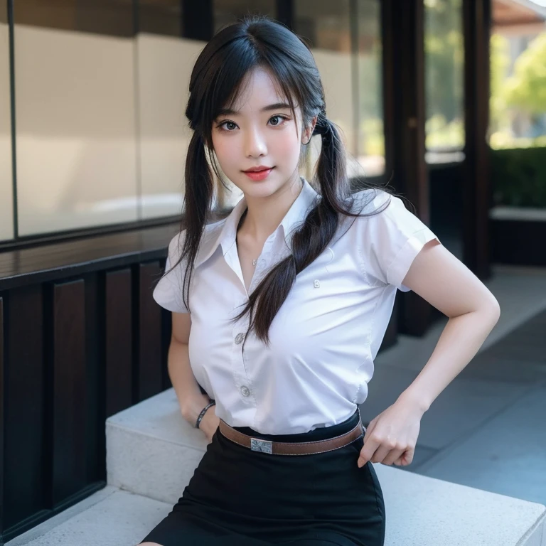 Pretty thai woman Reaching out hand to grab a glass of water , (8k, best quality, masterpiece, ultra highres:1.2) Photo of Pretty thai woman beautiful, beautiful enchanting fashion contemporary painting with , (1girl), (white shirt short sleeves), ((black pencil skirt)), belt , , blonde hair, , realistic skin texture , round chin, 85 mm art lens, f 1. 2, sharp focus, 8 k high definition, insanely detailed, intricate, elegant, large breasts, big breasts , black skirt , twin tails hair