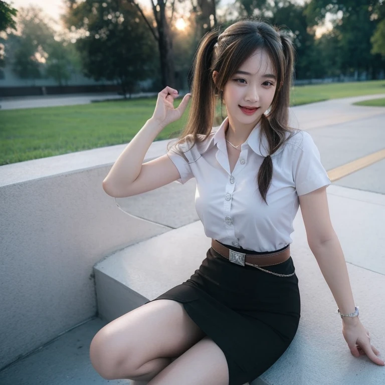 Pretty thai woman Reaching out hand to grab a glass of water , (8k, best quality, masterpiece, ultra highres:1.2) Photo of Pretty thai woman beautiful, beautiful enchanting fashion contemporary painting with , (1girl), (white shirt short sleeves), ((black pencil skirt)), belt , , blonde hair, , realistic skin texture , round chin, 85 mm art lens, f 1. 2, sharp focus, 8 k high definition, insanely detailed, intricate, elegant, large breasts, big breasts , black skirt , twin tails hair