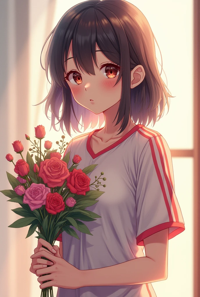 a girl in life with shoulder-length hair holding a bouquet of flowers in sportswear