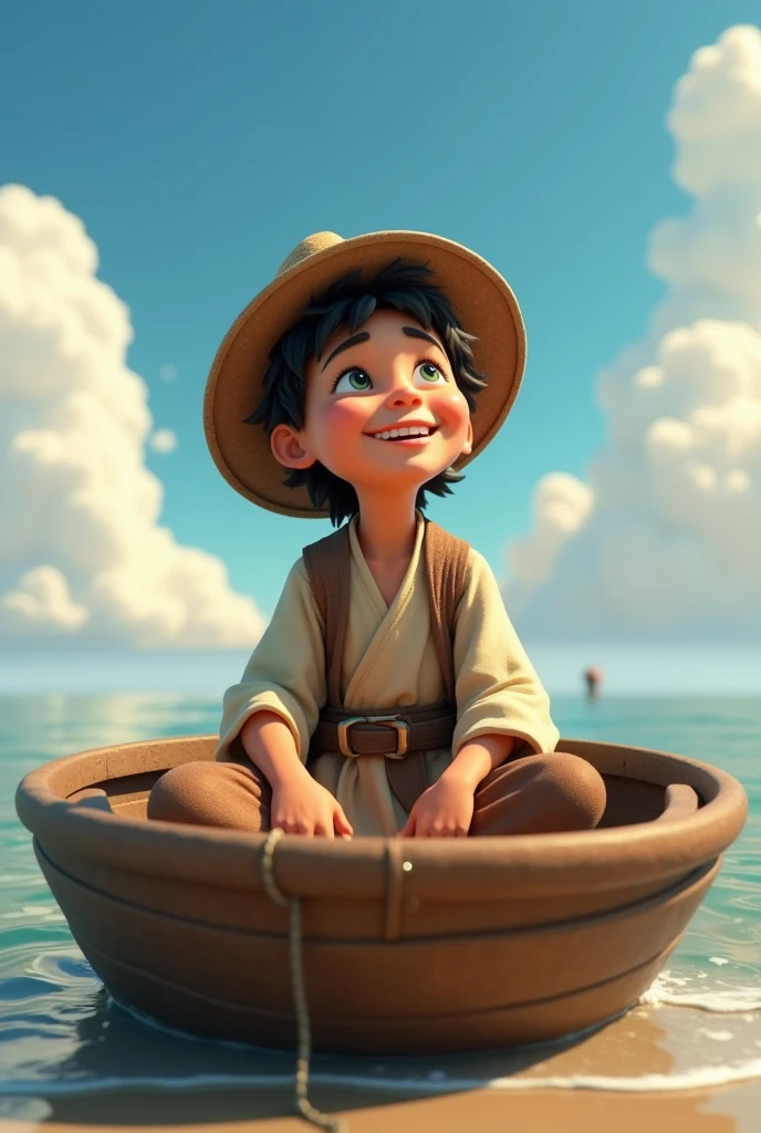 Boy sitting with his legs out in a boat out of the water wearing a fisherman's outfit from the time of Jesus happy with a hat looking at the sky Disney 3d