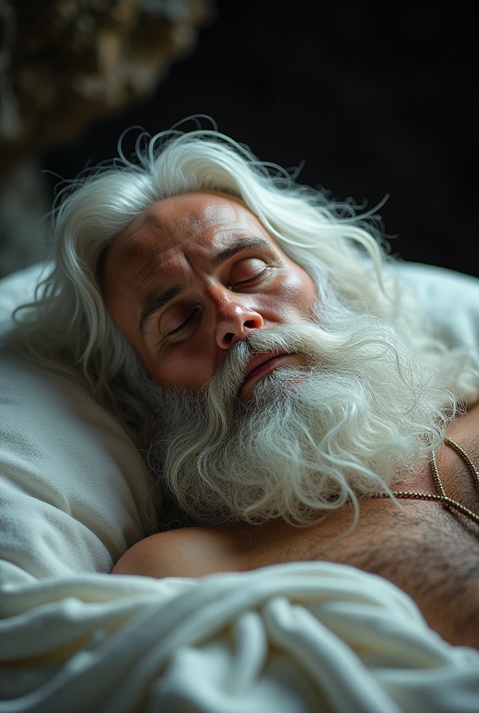 Make a man with long white hair and beard lying on a bed with his eyes closed, in a cave, but only showing his face, leave the quality in the style of a 70's fantasy book cover