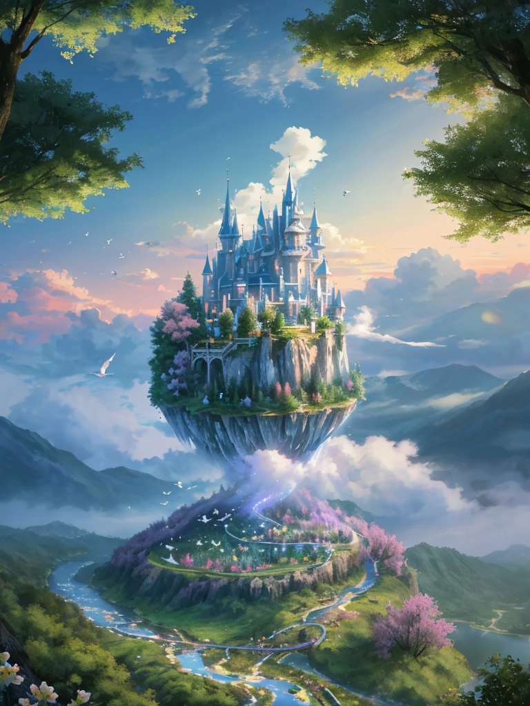 masterpiece, 最high quality, high quality,Very detailed CG unity 8k wallpaper, Enchanting and dreamy fantasy forest scenery, Seven-Colored Garden, Valley of the Fairies with a River Flowing Through It, Mysterious and fascinating, Sky Blue Sky, White dove flies, Complex, sunset, pastel colour, Award-winning photography, Written boundary depth, High resolution, bloom, chromatic aberration ,Realistic,Very detailed, White cloud, Trending on CGSociety, Complex, Attention to detail, dramatic, art：The middle of a journey