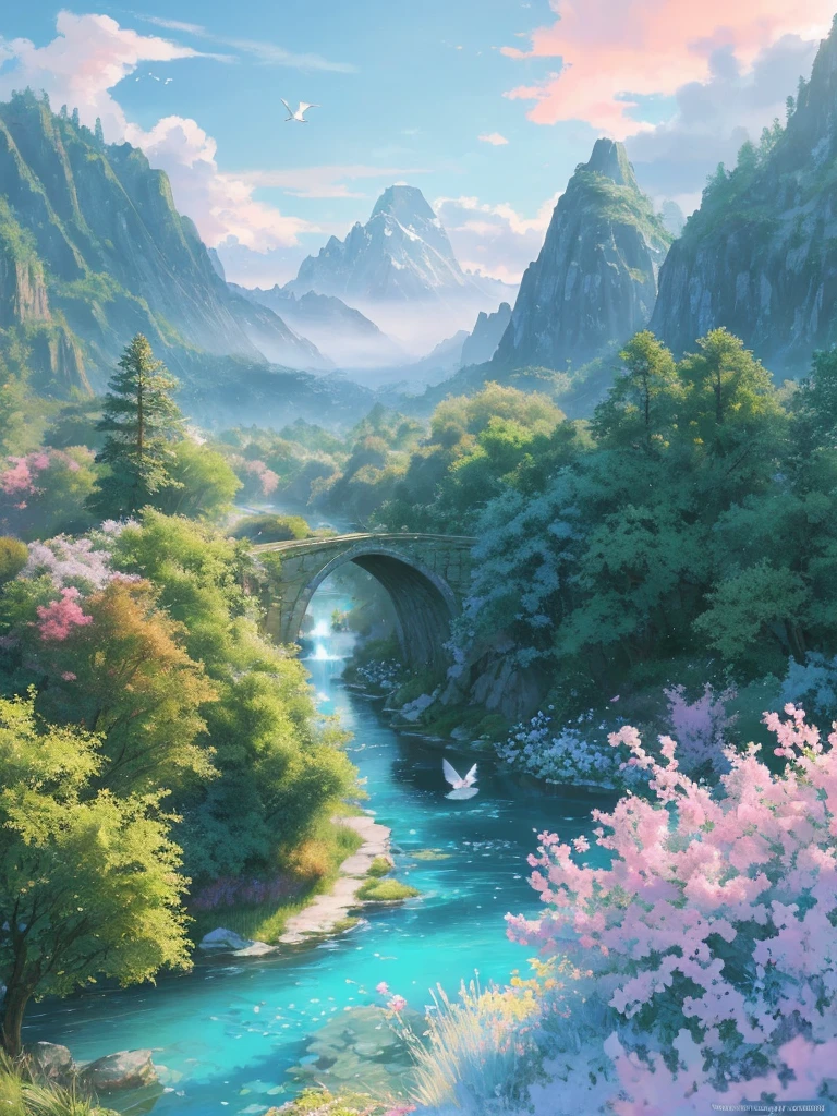 masterpiece, 最high quality, high quality,Very detailed CG unity 8k wallpaper, Enchanting and dreamy fantasy forest scenery, Seven-Colored Garden, Valley of the Fairies with a River Flowing Through It, Mysterious and fascinating, Sky Blue Sky, White dove flies, Complex, sunset, pastel colour, Award-winning photography, Written boundary depth, High resolution, bloom, chromatic aberration ,Realistic,Very detailed, White cloud, Trending on CGSociety, Complex, Attention to detail, dramatic, art:The middle of a journey