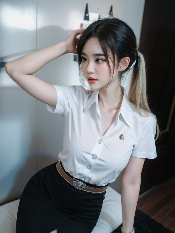 Pretty thai woman Reaching out hand to grab a glass of water , (8k, best quality, masterpiece, ultra highres:1.2) Photo of Pretty thai woman beautiful, beautiful enchanting fashion contemporary painting with , (1girl), (white shirt short sleeves), ((black pencil skirt)), belt , , blonde hair, , realistic skin texture , round chin, 85 mm art lens, f 1. 2, sharp focus, 8 k high definition, insanely detailed, intricate, elegant, large breasts, big breasts , black skirt , twin tails hair