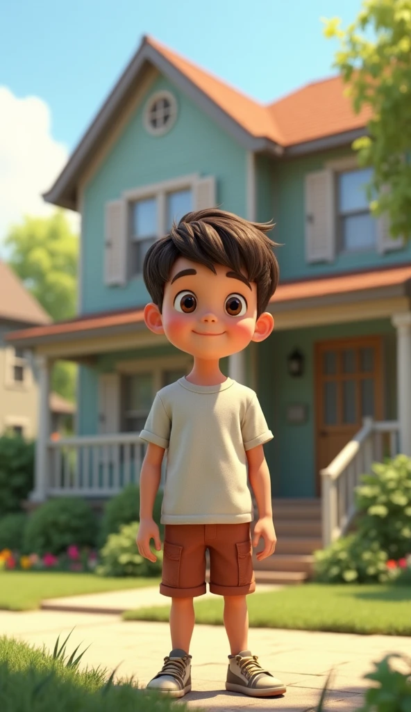 A boy standing outside the house
