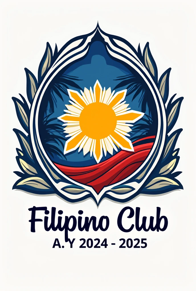 For a Filipino club round logo for a school, design a modern yet culturally resonant emblem by featuring the sun from the Philippine flag at the center, surrounded by traditional patterns or symbols like bamboo or a jeepney. Incorporate the flag’s colors—blue, red, white, and yellow—to create a vibrant and cohesive look. Include the Filipino Club A.Y 2024 - 2025 around it in a font that harmonizes with the design, ensuring the logo remains versatile for various uses. This combination of cultural symbols and contemporary style will create a logo that is both meaningful and visually striking.